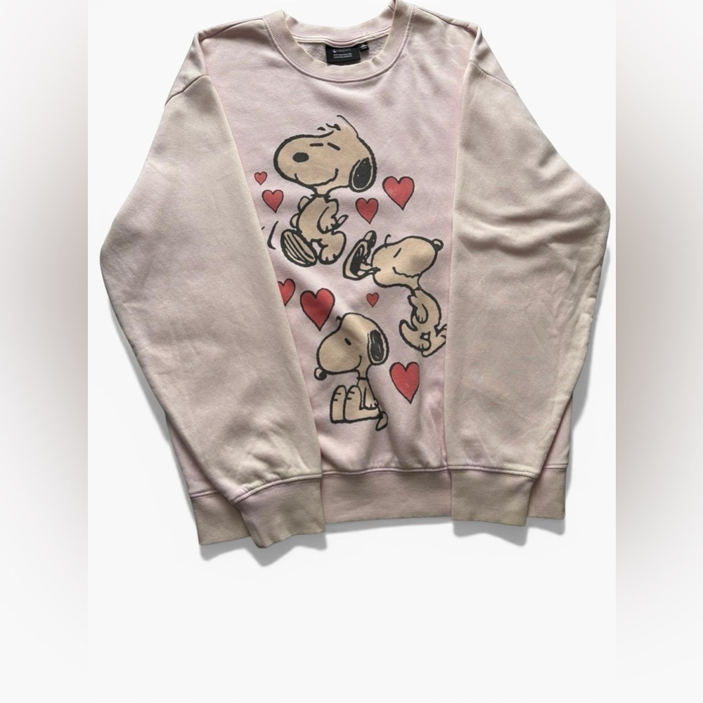 Peanuts Snoopy Graphic Sweatshirt Hearts Pink Beige Crewneck Size M - Picture 1 of 6